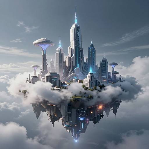 Digital artwork of a futuristic city floating in the clouds, featuring towering skyscrapers, glowing blue lights, and bioluminescent mushroom-like structures.