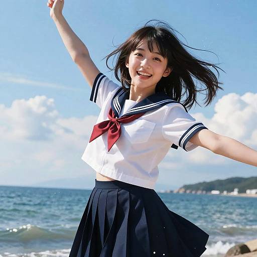Japanese schoolgirl in white sailor uniform with red tie and black skirt joyfully dancing by the ocean under a clear blue sky.