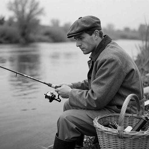 Man Fishing by River in Black and White