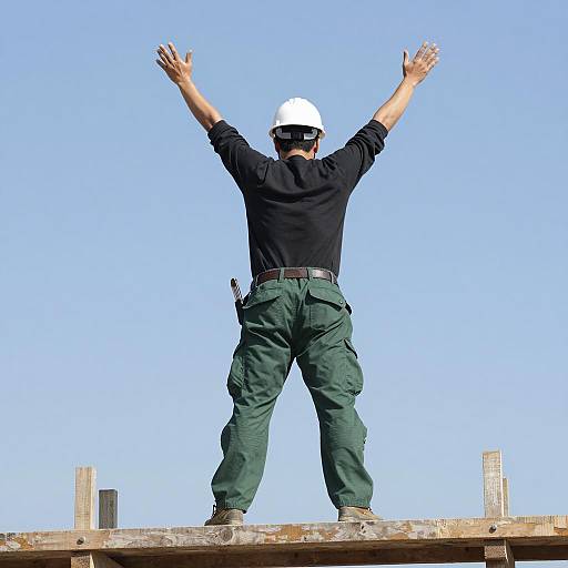 Construction Worker Celebrating on Scaffolding