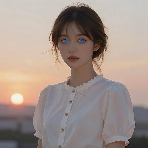 Young Woman with Striking Blue Eyes at Sunset
