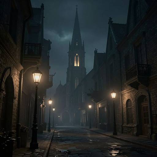 Photograph of a dark, misty, Gothic-style street at night, illuminated by vintage street lamps, with a tall, pointed church steeple