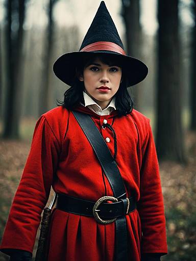 Person in Red Riding Costume with Black Hat in Forest