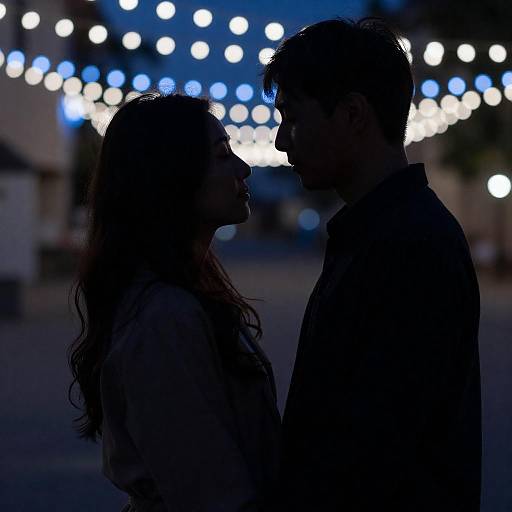 Silhouetted Couple Under Blue String Lights