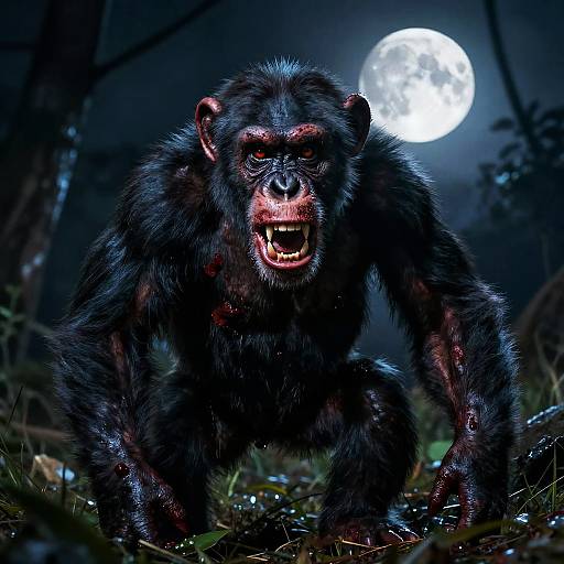 Photorealistic digital art of a snarling, black-furred baboon under a full moon in a dark forest, with wet grass and tree