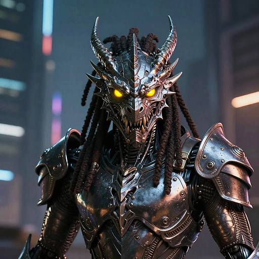 Photorealistic CGI of a demonic, armored warrior with glowing yellow eyes, black dreadlocks, and silver, spiked helmet in a futuristic cityscape.