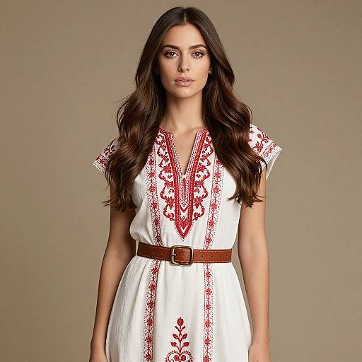 Woman in White Dress with Red Designs