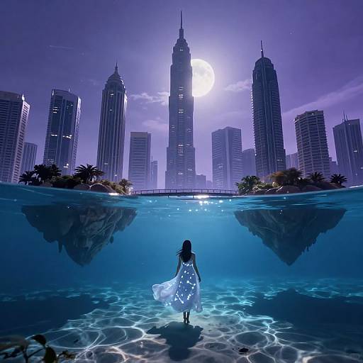 Digital artwork: Silhouetted woman in flowing dress wades in blue water, facing towering, moonlit skyscrapers with palm trees in the