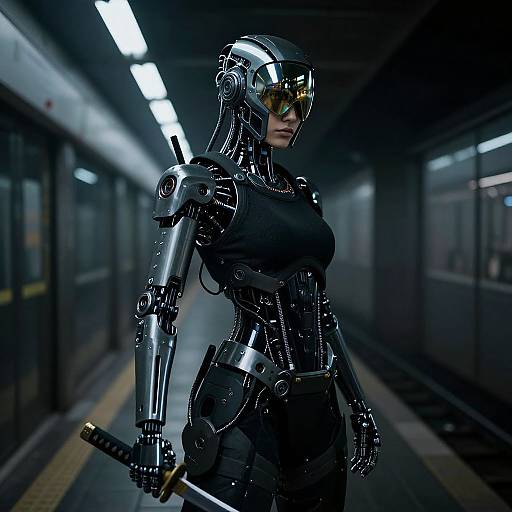 Cyborg woman with black armor, reflective visor, and katana in dimly lit subway tunnel. Dark, moody, sci-fi action scene