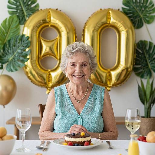 Photograph of smiling elderly woman in blue lace top, gold 