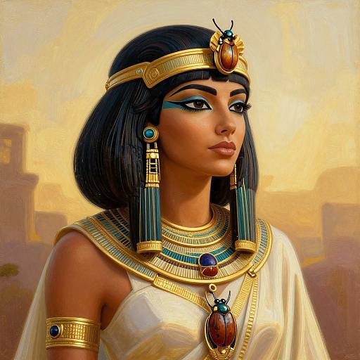 Digital painting of an Egyptian queen with dark skin, black bob hair, gold headpiece, blue and gold jewelry, white robe, golden background.