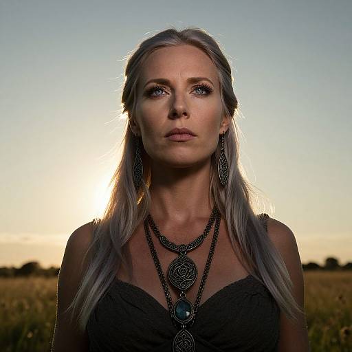 Photograph of a blonde woman with long hair, wearing black lace top and intricate black jewelry, standing in a sunlit field at sunset.