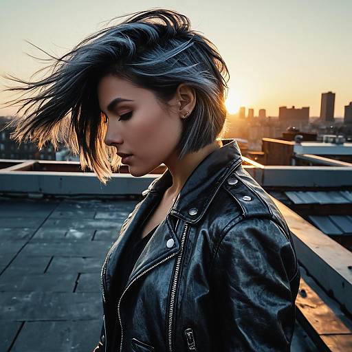 Woman with Steel Gray Hair and Leather Jacket at Sunset
