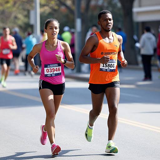 Photograph of a race: a fit woman in pink and black, and a muscular man in orange and black, running on a sunny street. Bl