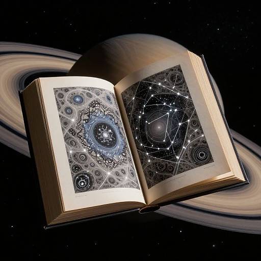 Open book with cosmic, starry patterns against a dark, starry background and a floating Saturn ring, blending science fiction and mysticism.