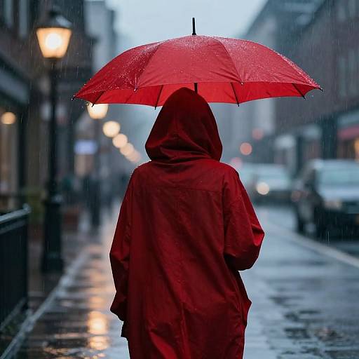 Photograph of a person in a red raincoat and hood, holding a red umbrella, walking down a rainy, wet city street.