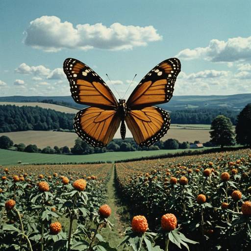 Giant Monarch Butterfly Over Countryside Flower Field Giant Monarch Butterfly Over Countryside Flower Field