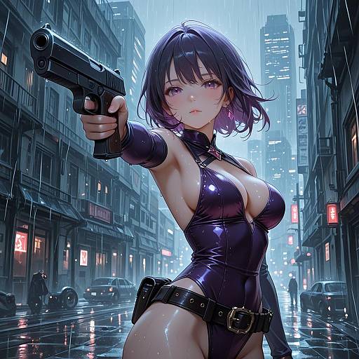 Purple Haired Girl Aiming in Rain