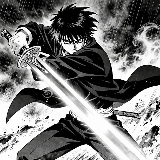 Monochrome manga-style drawing of a fierce, black-haired male warrior with spiky hair, wielding a glowing sword, in a dynamic rain-filled battle scene