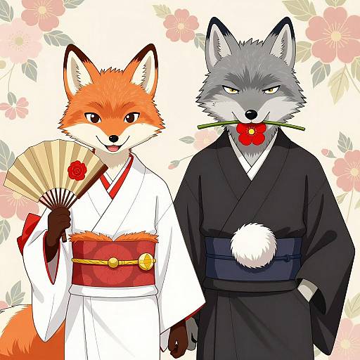 Anthropomorphic Wolves in Traditional Japanese Kimono