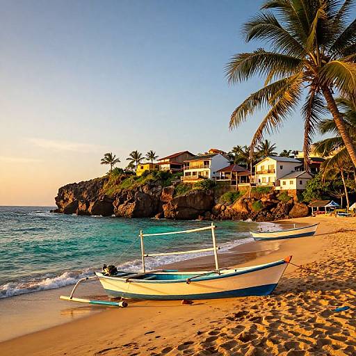 Photograph of a tropical beach at sunset with two white boats on golden sand, palm trees, and houses on a rocky cliff.