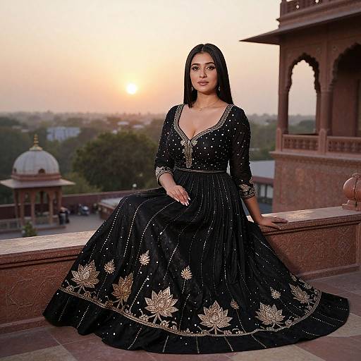 Photograph of a confident South Asian woman with long black hair, wearing a black, gold-embroidered traditional lehenga, seated on a red