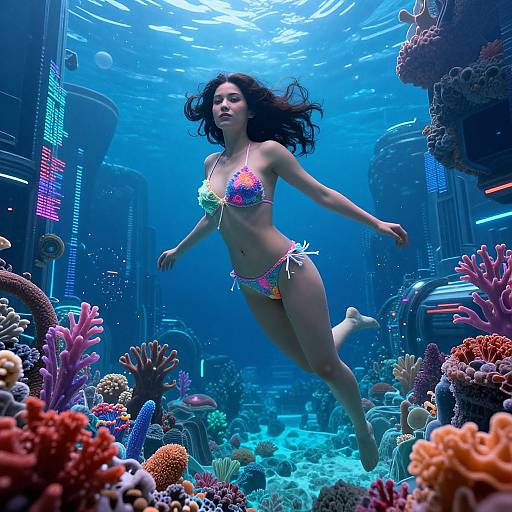 Photorealistic digital artwork of a dark-haired woman in a colorful bikini, swimming underwater amidst vibrant coral reefs and futuristic structures.