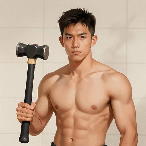 Intense Asian Man with Black Hammer
