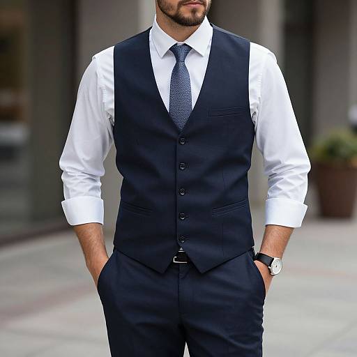 Photograph of a bearded man in a black vest, white shirt, and blue tie, standing with hands in pockets, city background.