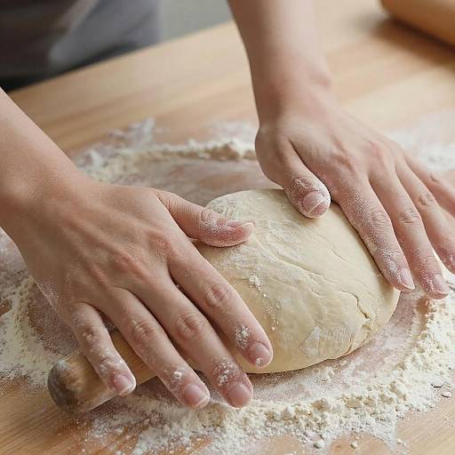 Hands Rolling Dough on Wooden Surface