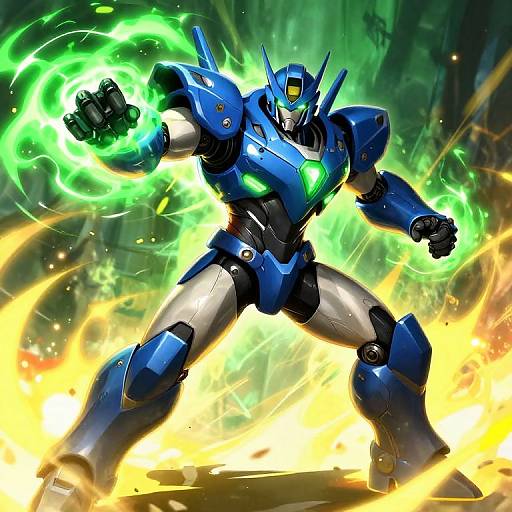 Digital illustration of a blue, green-lit, humanoid robot with glowing green energy rings in both fists, standing amidst fiery flames. Dynamic, action-packed