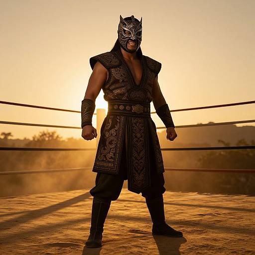 Photograph of a muscular male wrestler in dark, ornate armor and mask, standing in a sunlit boxing ring at sunset.