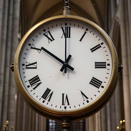 Close-up photograph of a large, round, gold-framed clock with black Roman numerals and black hands, mounted in a Gothic-style building.