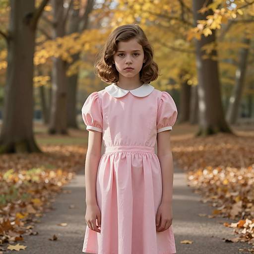 Young Girl in Pink Dress Standing on Autumn Forest Path