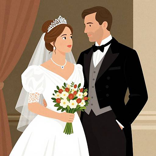 Digital illustration of a bride in a white dress and tiara, holding a bouquet, and a groom in a black tuxedo, standing close,