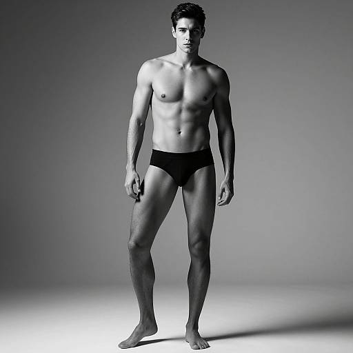 Black-and-white photograph of a muscular, shirtless man with short dark hair, wearing only black briefs, standing against a gradient gray background.