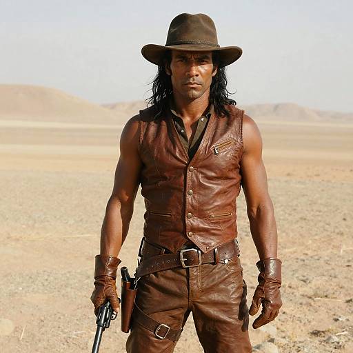 Photograph of a muscular Black man in a brown leather vest, pants, and hat, standing in a desert, holding a gun. Sunlit,