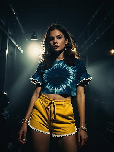 Woman in Summer Tie-Dye Top and Yellow Shorts