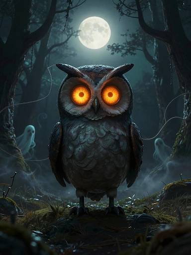 Spooky Stylized Owl in Eerie Forest