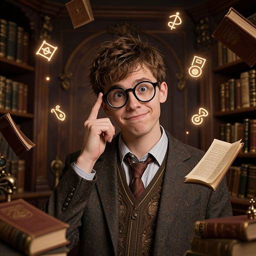 Photograph of a young man with messy brown hair, large round glasses, and a dark suit, surrounded by floating books and musical notes, in a