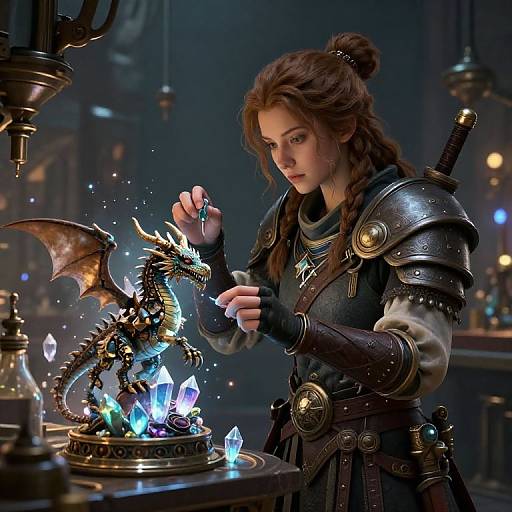 Digital painting of a young, brown-haired woman in medieval armor, casting a spell on a glowing, dragon-shaped crystal orb in a dimly lit,