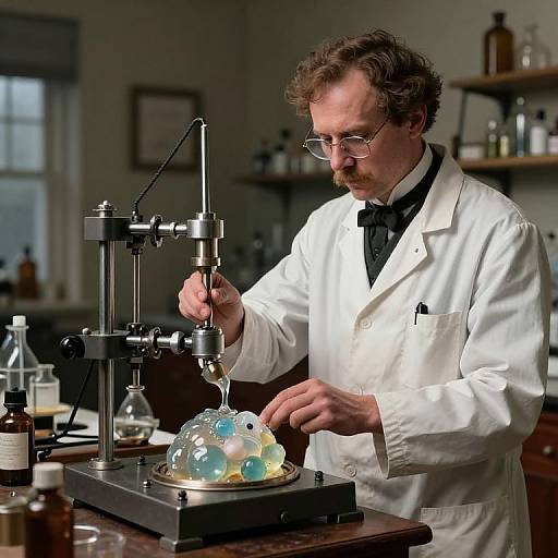 Photograph of a bearded man in a white lab coat, wearing glasses, operating a machine with colorful glass orbs in a dimly lit laboratory.