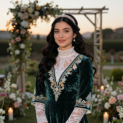 Photograph of a young woman with long black hair, wearing a dark green velvet dress with white lace, ornate embroidery, and a tiara,