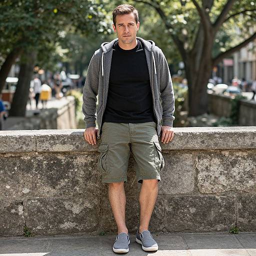 Photograph of a Caucasian man with short brown hair, wearing a grey hoodie, black shirt, olive cargo shorts, and grey sneakers, leaning against a