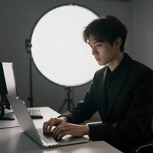Young Man Typing Beside Futuristic Light