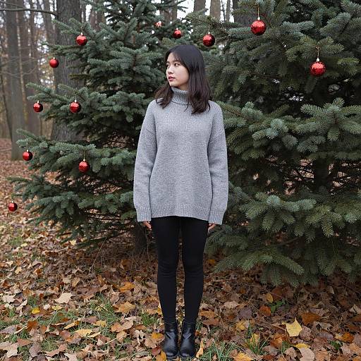 Young Woman in Winter Sweater by Decorated Evergreen Trees