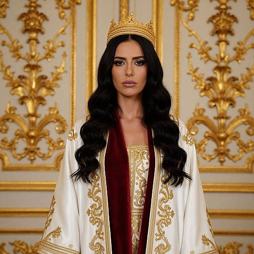 Photograph of a woman with long black wavy hair, wearing a gold crown, white and gold ornate robe, and deep red dress, standing