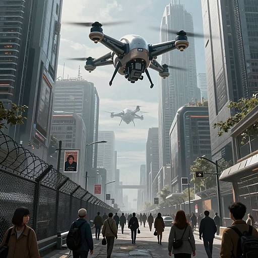 Photorealistic CGI of a bustling city street with two drones flying overhead, surrounded by pedestrians, tall skyscrapers, and a fenced sidewalk.