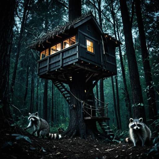 Mischievous Raccoons in a Treehouse