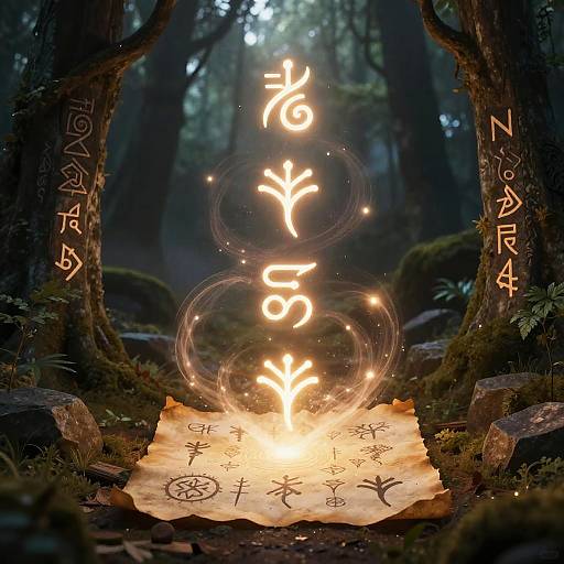 Glowing Ancient Runes in Enchanted Forest